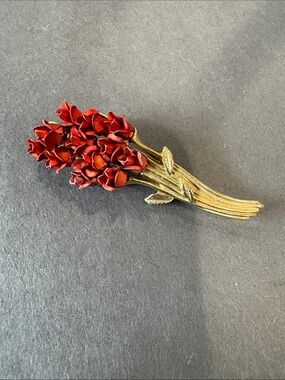 Gold-Tone Red Floral Bouquet Brooch - Women's Accessory